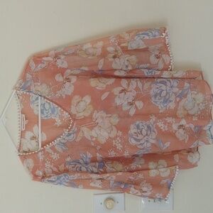 Grand & Greene women's casual floral top xl salmon blue cottagecore beachy